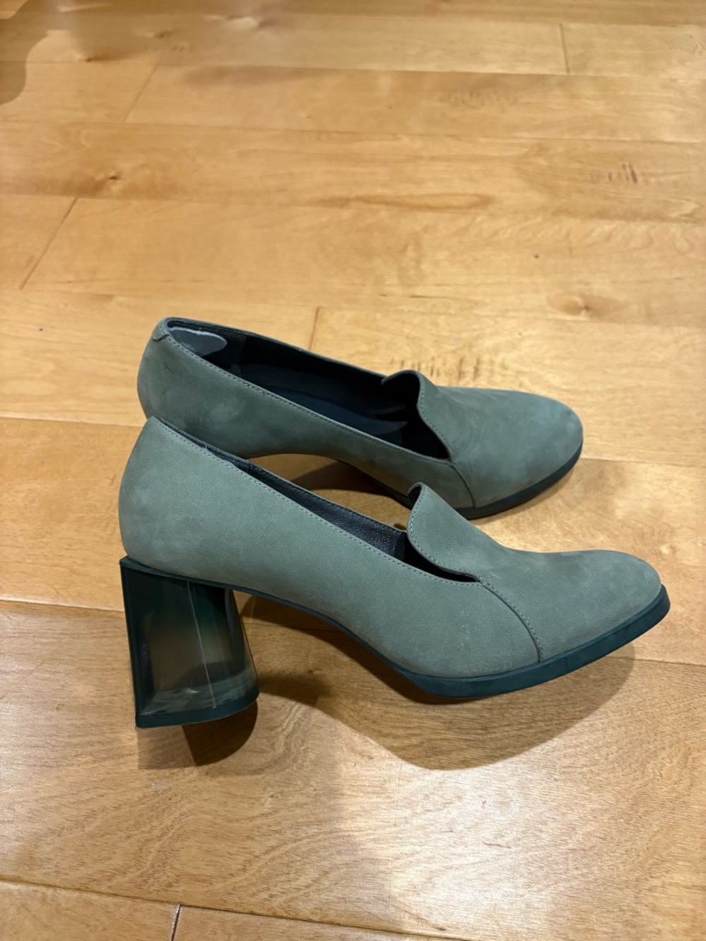 Camper Suede Block clear Heel pumps shoes greenish sz 39 8.5-9